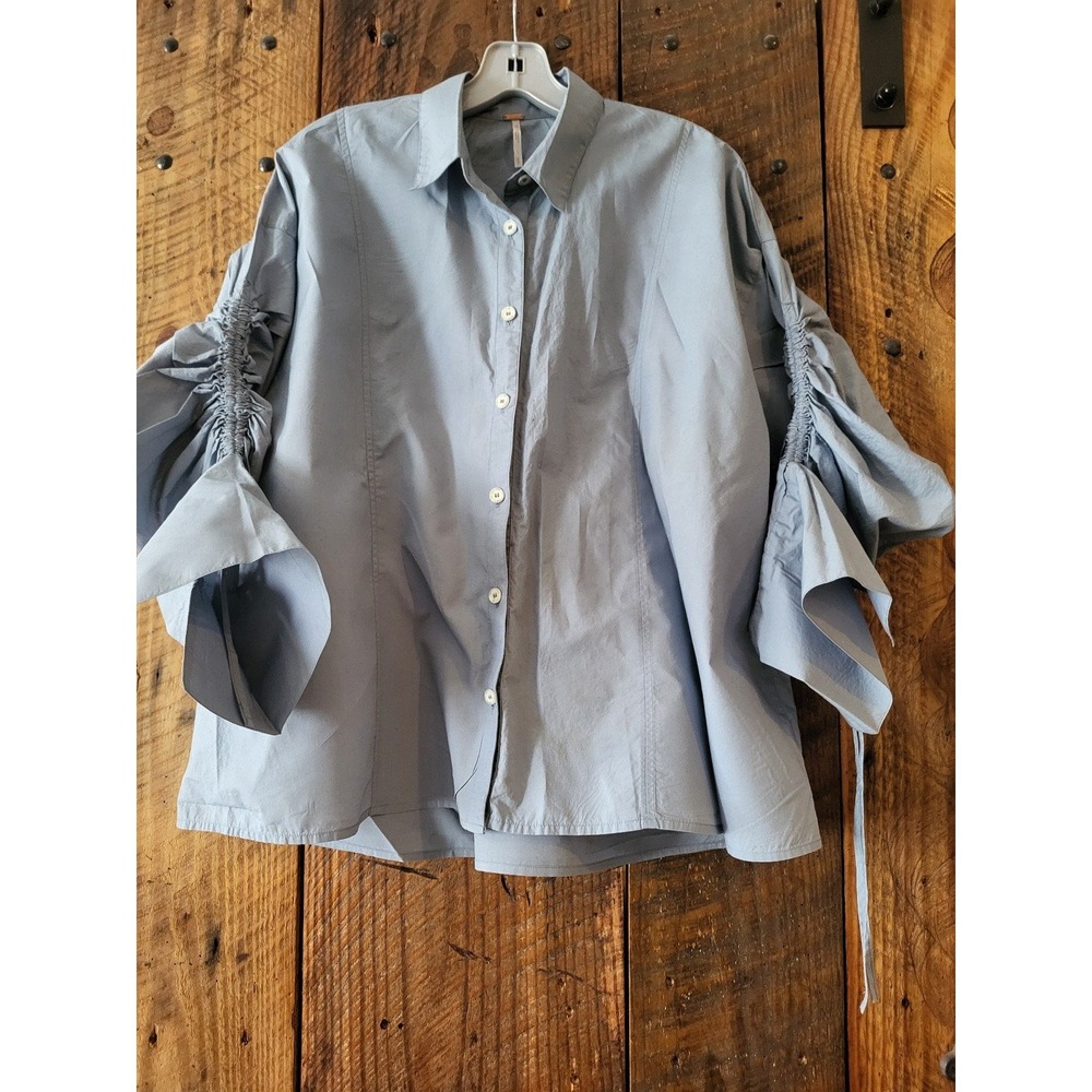 Free People ‘Brown Eyed Girl’ Poplin Blue Blouse ~ EUC 💜 - Picture 2 of 7